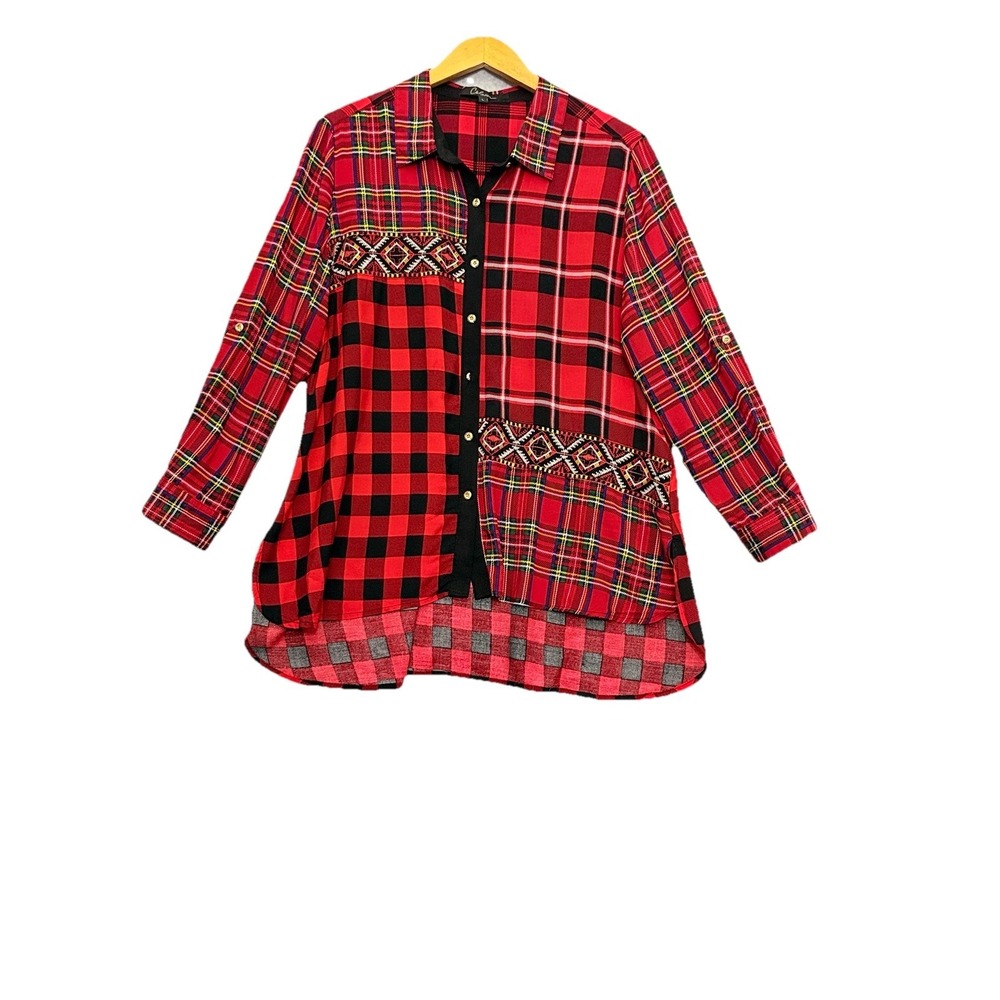 Calessa Women's Top L Button Up Embroidered‎ Plaid Embroidered Boho Hippie Artsy